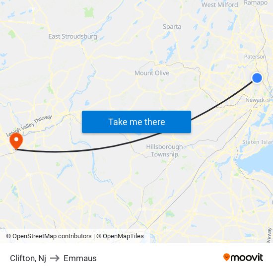 Clifton, Nj to Emmaus map