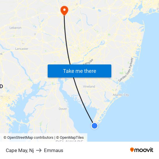 Cape May, Nj to Emmaus map