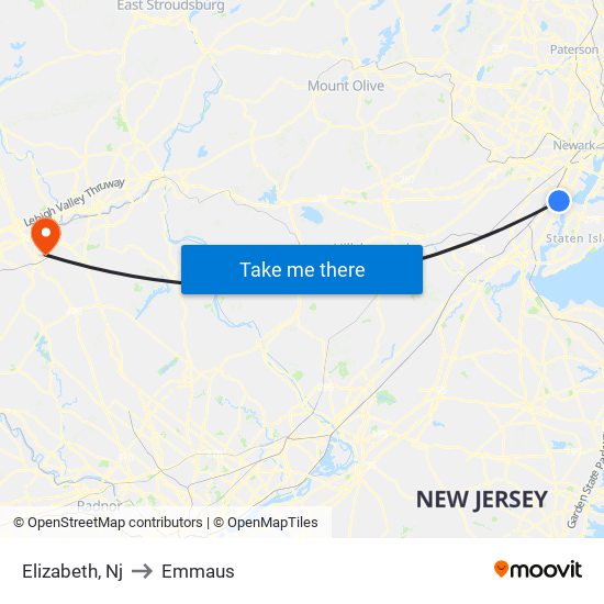 Elizabeth, Nj to Emmaus map