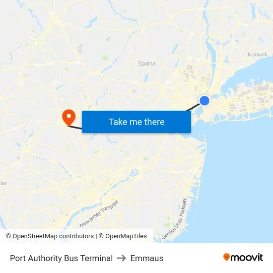 Port Authority Bus Terminal to Emmaus map