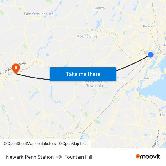 Newark Penn Station to Fountain Hill map