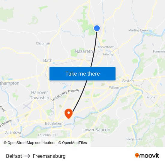 Belfast to Freemansburg map