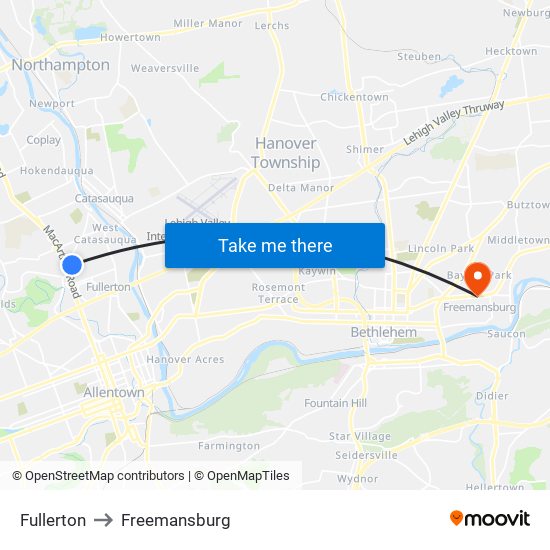 Fullerton to Freemansburg map