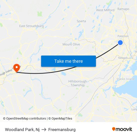 Woodland Park, Nj to Freemansburg map