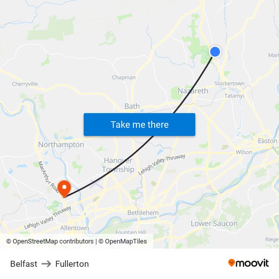 Belfast to Fullerton map