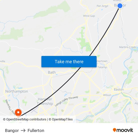 Bangor to Fullerton map