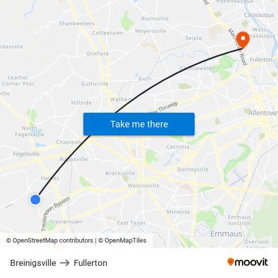 Breinigsville to Fullerton map