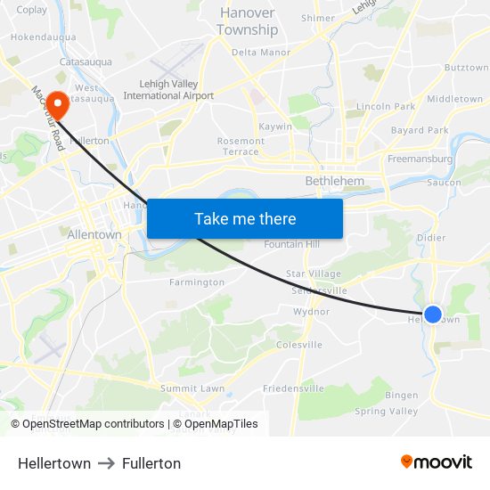 Hellertown to Fullerton map