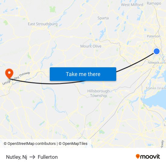 Nutley, Nj to Fullerton map