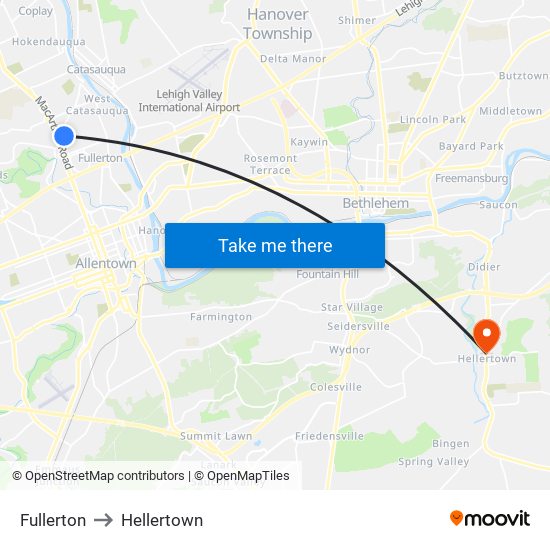 Fullerton to Hellertown map