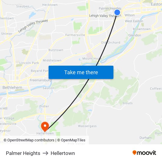 Palmer Heights to Hellertown map