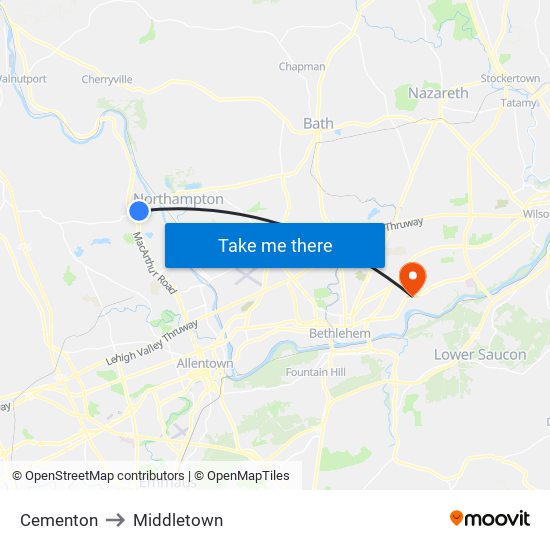 Cementon to Middletown map