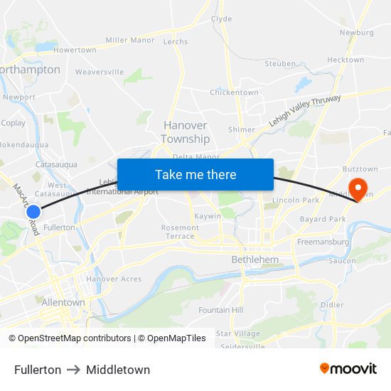 Fullerton to Middletown map