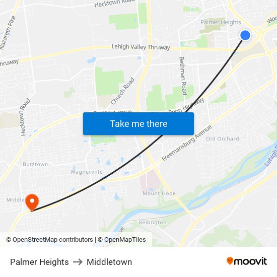 Palmer Heights to Middletown map