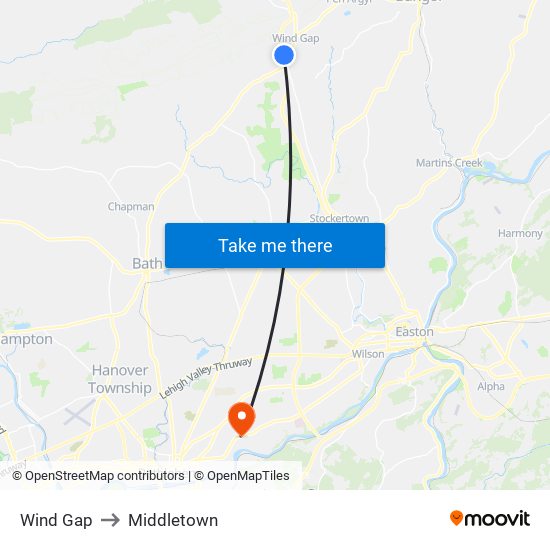 Wind Gap to Middletown map