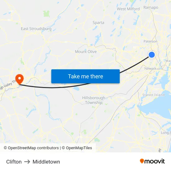 Clifton to Middletown map