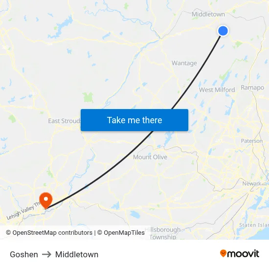 Goshen to Middletown map