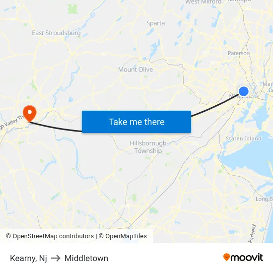 Kearny to Middletown map