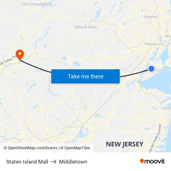 Staten Island Mall to Middletown map