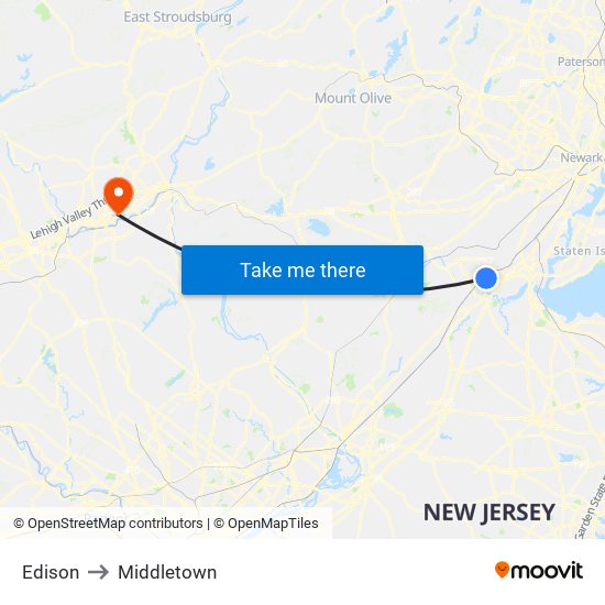 Edison to Middletown map