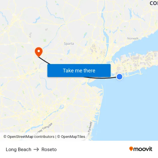 Long Beach to Roseto map