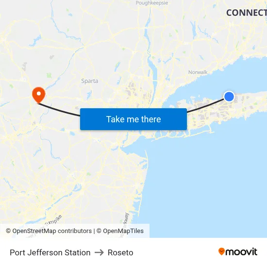 Port Jefferson Station to Roseto map