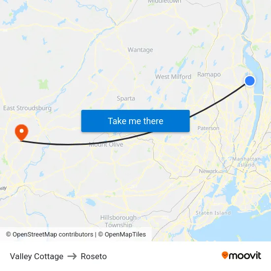 Valley Cottage to Roseto map