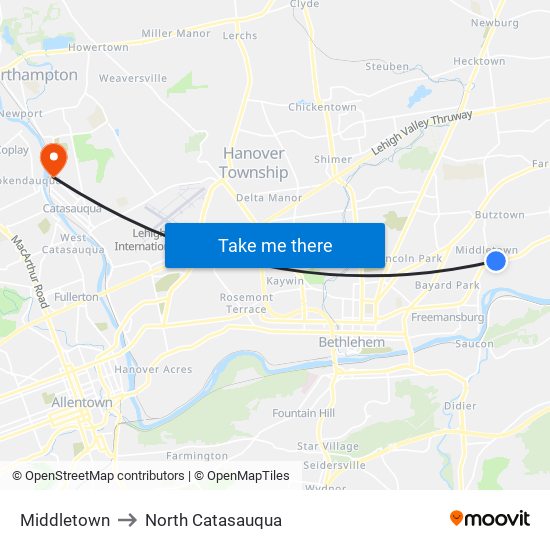 Middletown to North Catasauqua map