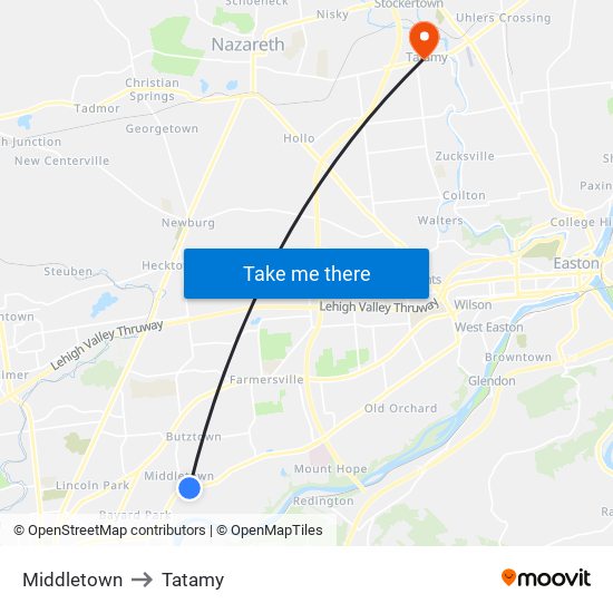 Middletown to Tatamy map