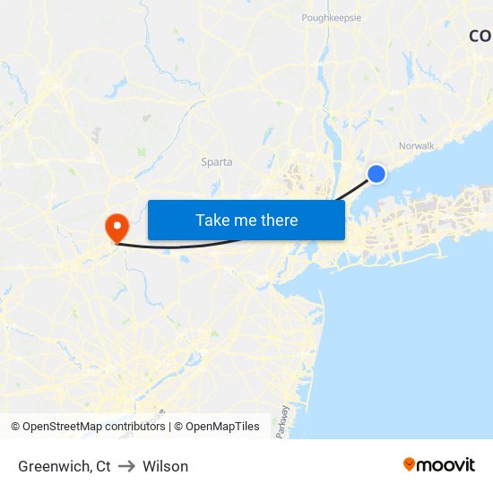 Greenwich, Ct to Wilson map