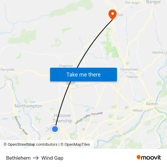 Bethlehem to Wind Gap map