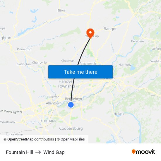 Fountain Hill to Wind Gap map