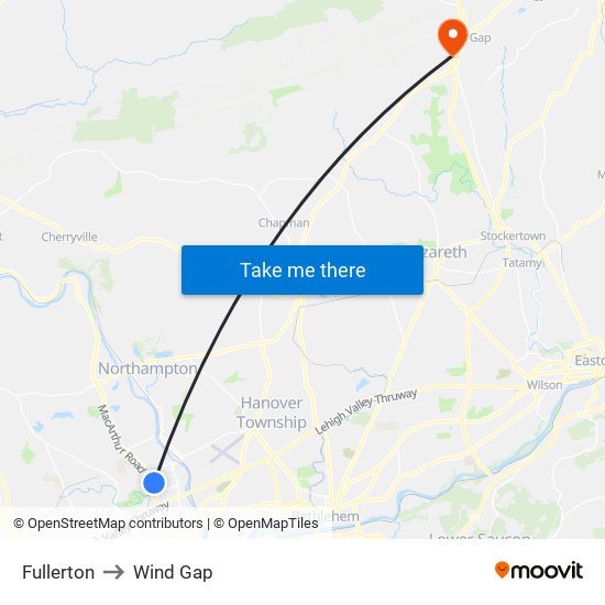 Fullerton to Wind Gap map