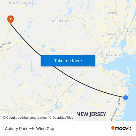 Asbury Park to Wind Gap map