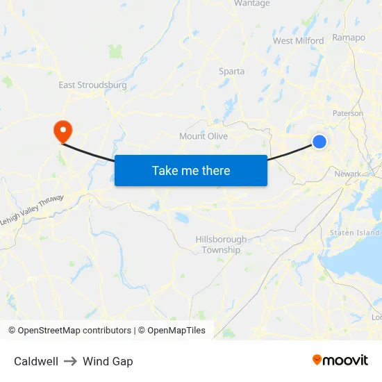 Caldwell to Wind Gap map