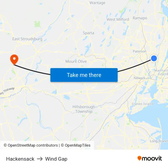 Hackensack to Wind Gap map