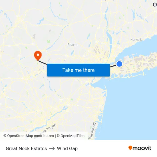 Great Neck Estates to Wind Gap map