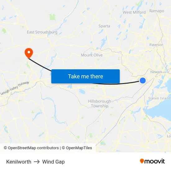 Kenilworth to Wind Gap map