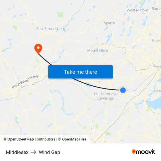 Middlesex to Wind Gap map