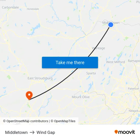 Middletown to Wind Gap map