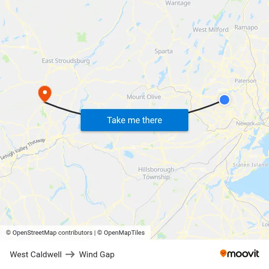West Caldwell to Wind Gap map