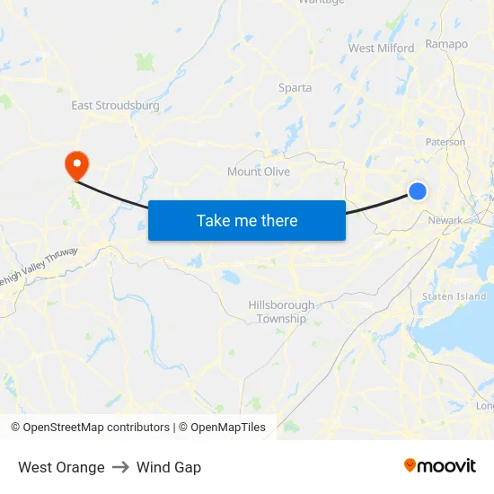 West Orange to Wind Gap map