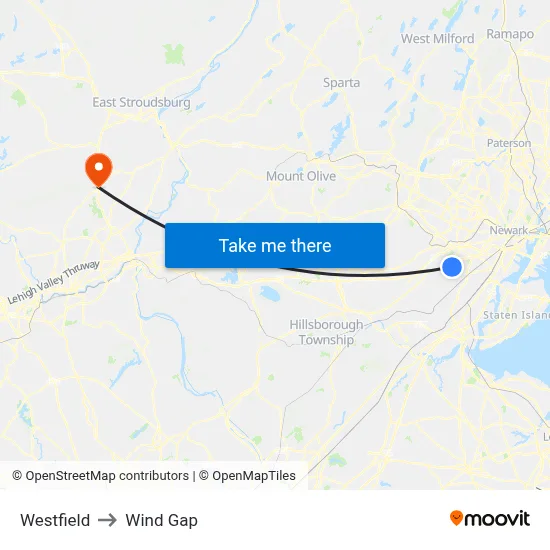 Westfield to Wind Gap map
