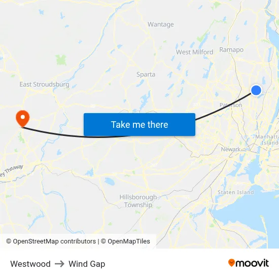 Westwood to Wind Gap map