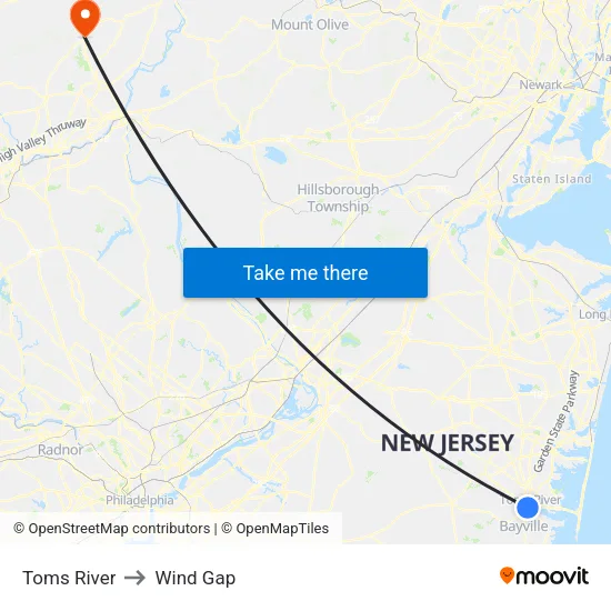 Toms River to Wind Gap map