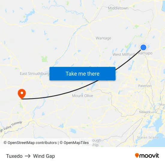 Tuxedo to Wind Gap map