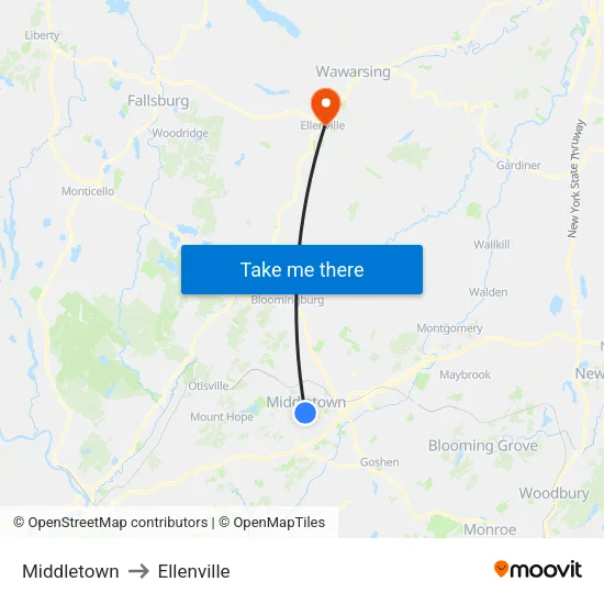 Middletown to Ellenville map
