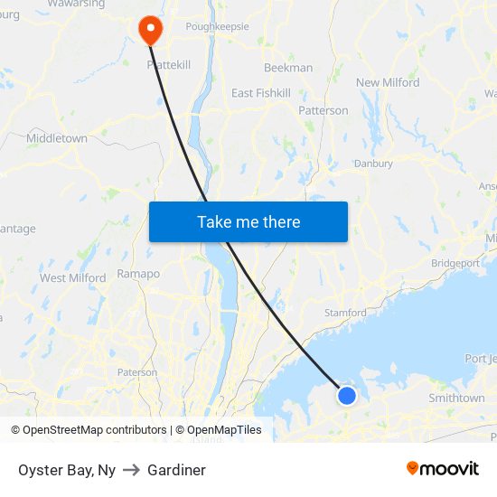 Oyster Bay, Ny to Gardiner map