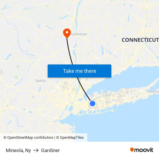 Mineola, Ny to Gardiner map