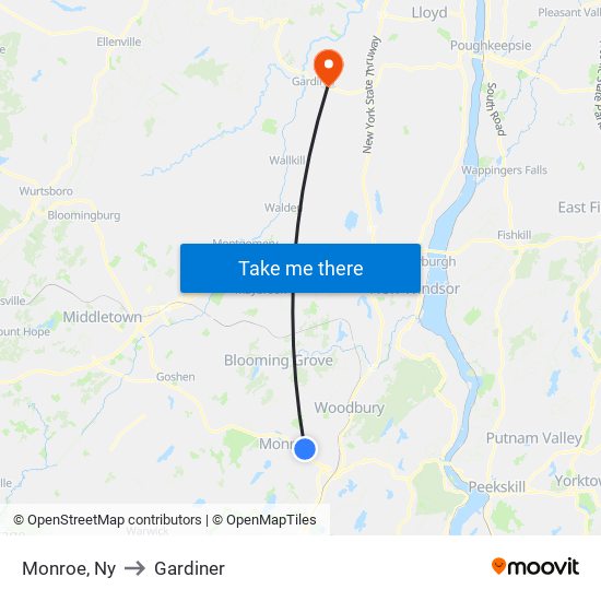 Monroe, Ny to Gardiner map